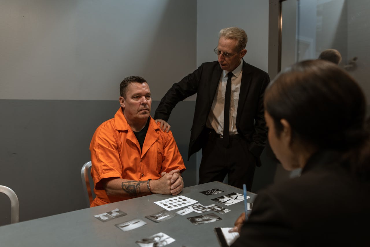 Prisoner in orange jumpsuit interviewed by detectives in a tense interrogation room scene.